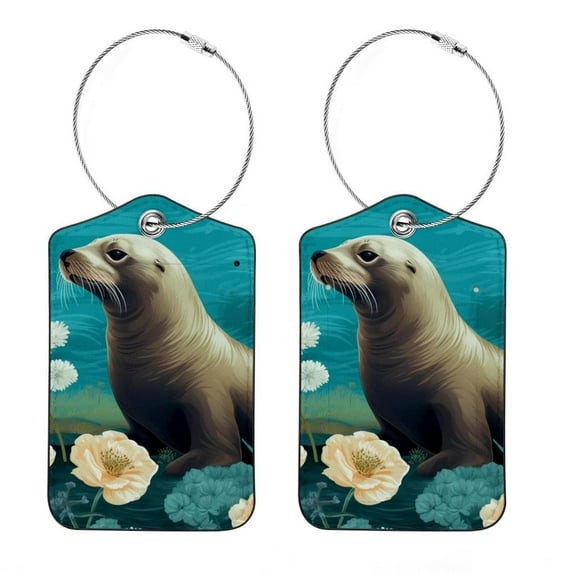 Sea Lion Luggage Tag, Travel Tags, Handbag Tag - Square PU Leather 2 Pack with Privacy Cover and Stainless Steel Ring - Suitable for Travel, Backpack, Handbag [Amazon Approved]