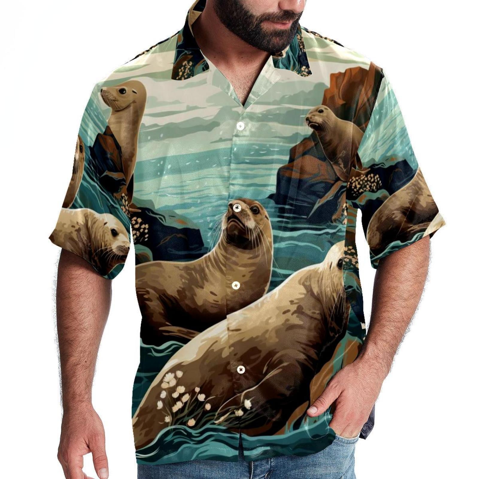 Sea Lion Men's Short Sleeve Beach Shirts, Casual Printed Button Down