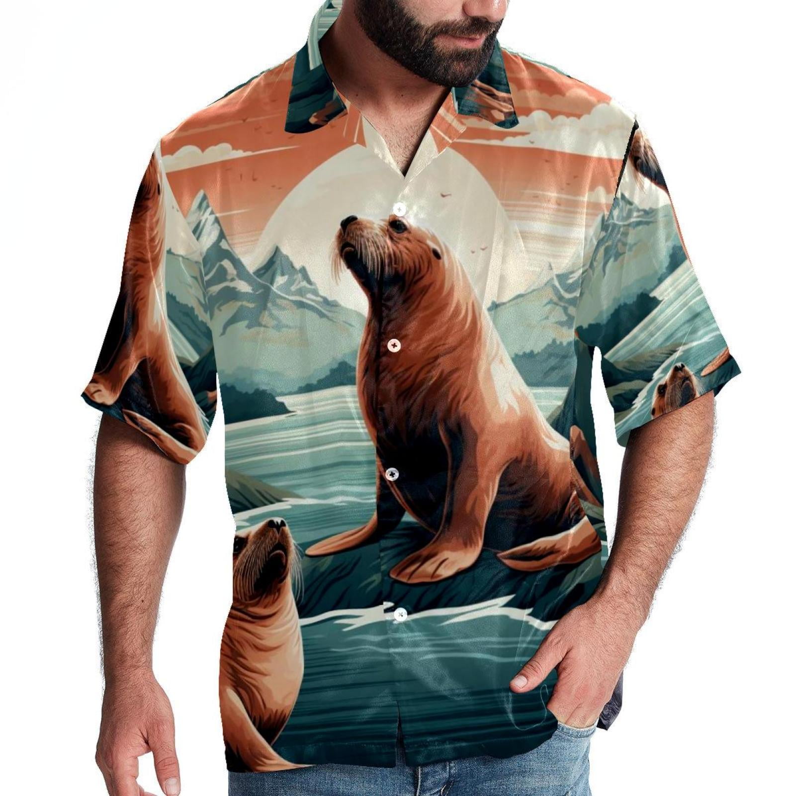 Sea Lion Men's Short Sleeve Hawaiian Beach Shirt Casual Printed Button ...