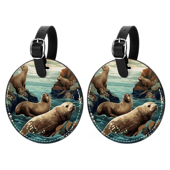 Sea Lion Set of 2pcs PU Leather Round Suitcase Tags with Privacy Cover and Name ID Tag - Ideal for Travel Luggage, Handbags, Backpacks, School Bags