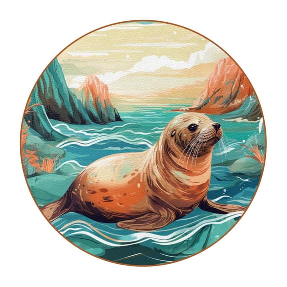 Sea Lion Set of 6 Cool Round Microfiber Leather Coasters, 11x11 cm/4.3x4.3 in, Stylish Drink Mats for Home and Office Decor