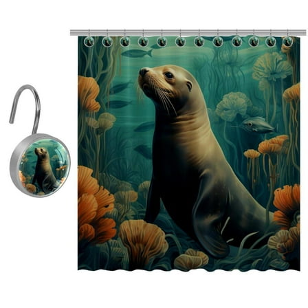 Sea Lion Shower Curtain, Cloth Fabric Bathroom Decor Set with Hooks