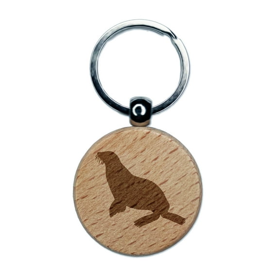 Sea Lion Solid Round Keychain Charm Tag - Engraved Wood