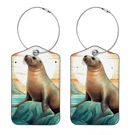 Sea Lion Square PU Leather Luggage Tags - 2 Pack with Privacy Cover and Stainless Steel Ring - Suitable for Travel, Backpack, Handbag - Suitcase Tags, Travel Tag