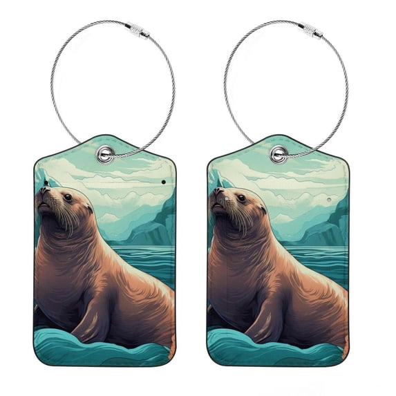 Sea Lion Square PU Leather Luggage Tags - 2 Pack with Privacy Cover and Stainless Steel Ring - Suitable for Travel, Backpack, Handbag - Suitcase Tags, Travel Tag