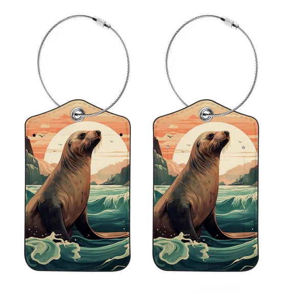 Sea Lion Square PU Leather Luggage Tags - 2 Pack with Privacy Cover and Stainless Steel Ring - Suitable for Travel, Backpack, Handbag - Suitcase Tags, Travel Tag