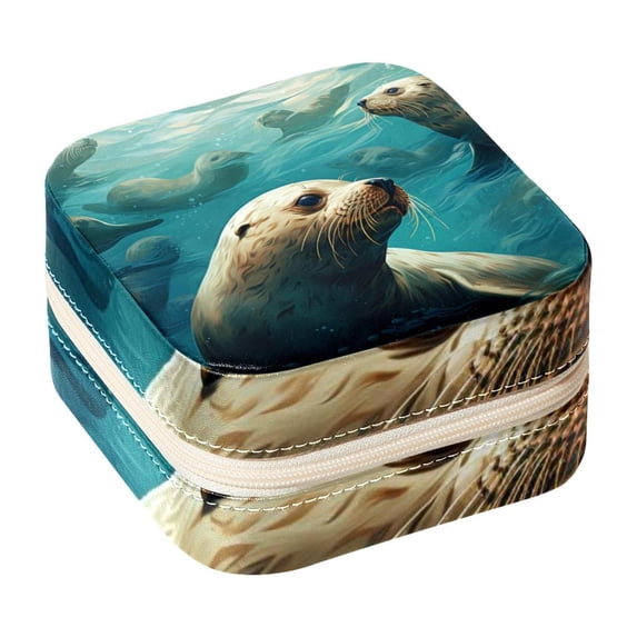 Sea Lion Travel Portable Square Jewelry Display and Decorative Box with Bracelet Holder - Ideal for Rings, Earrings, Necklaces, Bracelets, and More - Suitable for Girls and Women