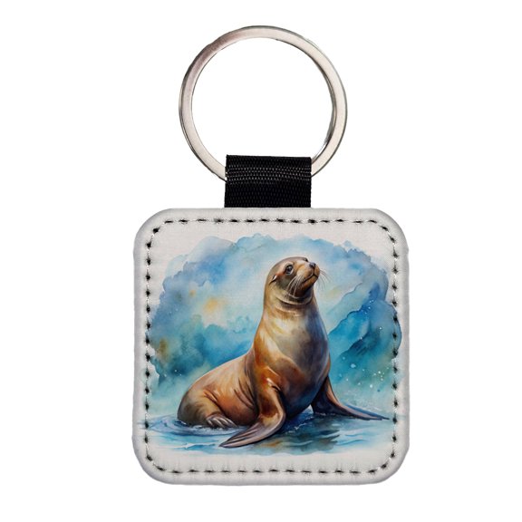 Sea Lion Watercolor Faux Leather Square Keychain