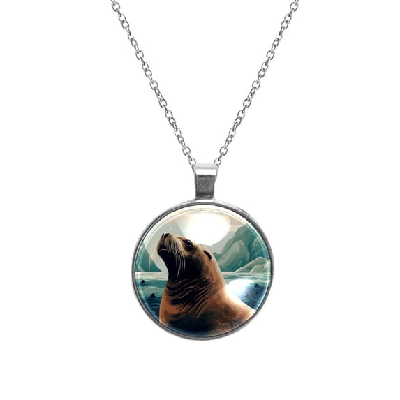 Sea Lion Women's Glass Circular Pendant Necklace - Unique Jewelry Piece for Everyday Wear