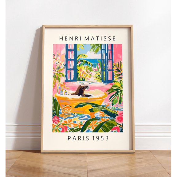 Sea Lion in Bathtub Art Print: Funny Matisse Style Bathroom Decor, Poster Only