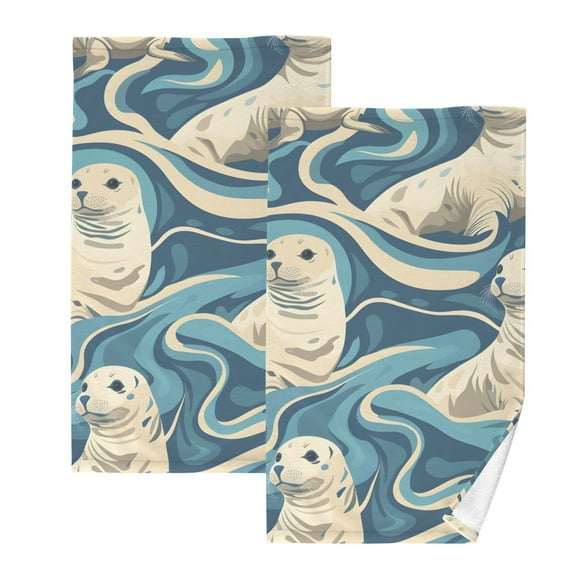 Sea Lion in Sea Hand Towel Set 2 Pcs Cotton Absorbent Soft Face Towels Bath Towels for Bathroom Kitchen Shower Hotel Decor 16"x28"