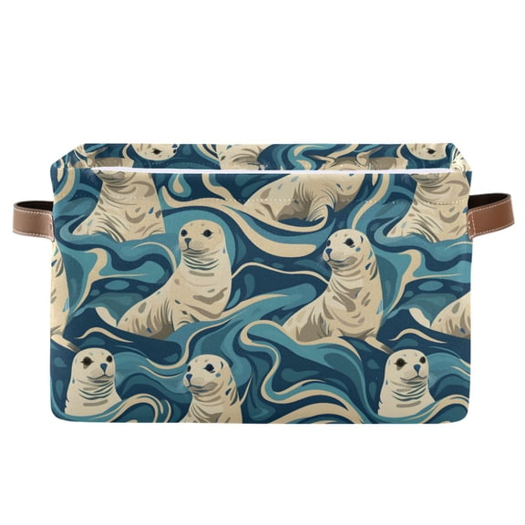 Sea Lion in Sea Storage Bins with Handle Fabric Organizer Basket Foldable Box 1 Pack 14.2x10.2x8.3