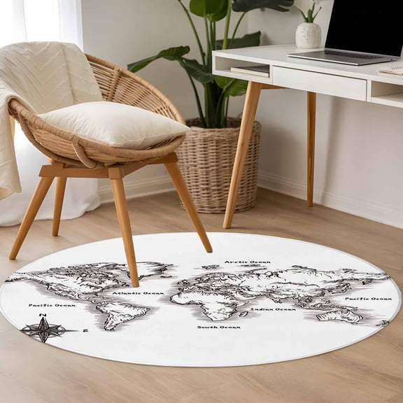 Sea Map 3.3ft Round Rug for Bedroom Reading Corner, Vintage Black White Nautical Travel World Map Compass Washable Non Slip Circle Area Rug
