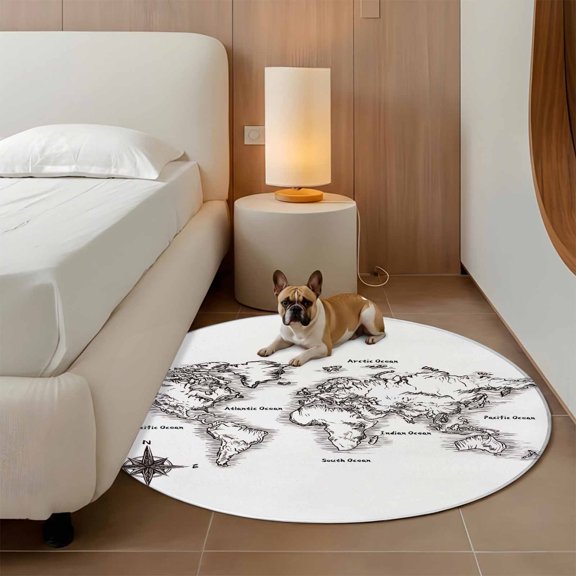 Sea Map 3ft Round Rug for Bathroom Accent Bedside Corner, Vintage Black White Nautical Travel World Map Compass Washable Non Slip Circle Area Rug for Small Spaces