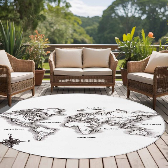 Sea Map 8ft Round Rug for Open Concept Living Room Seating Zone, Vintage Black White Nautical Travel World Map Compass Washable Non Slip Large Circle Area Rug