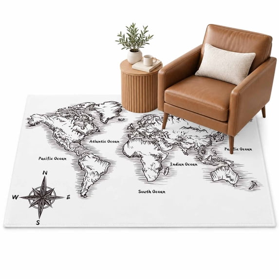 Sea Map Area Rug 4'x6', Vintage Black White Nautical Travel World Map ...