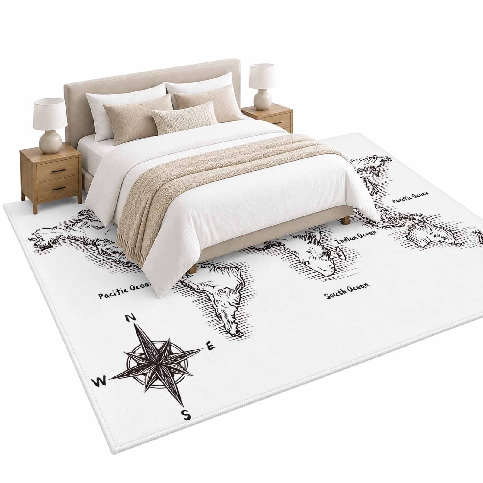 Sea Map Area Rug 5'x8', Vintage Black White Nautical Travel World Map ...