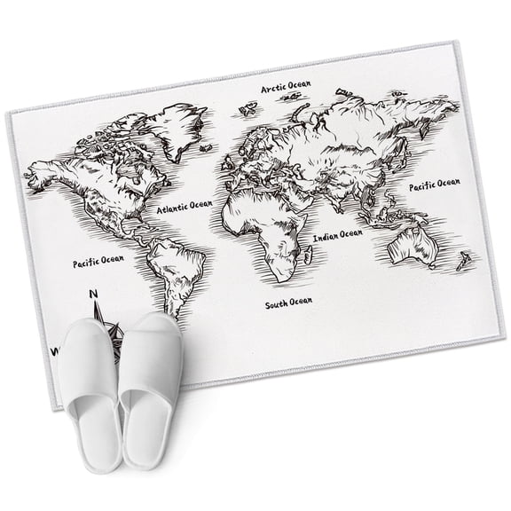 Sea Map Area Rug, Vintage Black White Nautical Travel World Map Compass Rectangular Non-Slip Absorbent Washable Area Rug Felt Rubber Backing Indoor Carpet for Bedroom Living Room 2x3ft