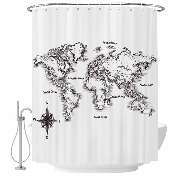 Sea Map Bathroom Shower Curtains with Hooks, Vintage Black White Nautical Travel World Map Compass Waterproof Fabric Washable Shower Curtain for Home Hotel Bathtub Decor 36x72 Inch