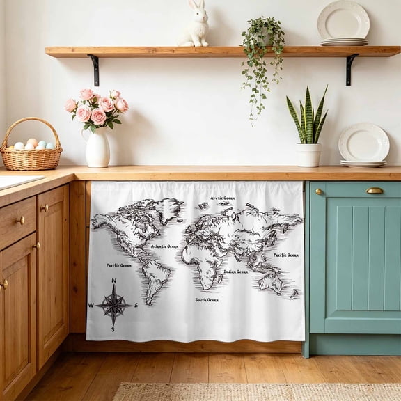 Sea Map Cabinet Curtains 10" W x 11" L Vintage Black White Nautical Travel World Map Compass Waterproof Adhesive Kitchen Under Sink Curtain Dust-Proof Dishwasher Skirt for Closet