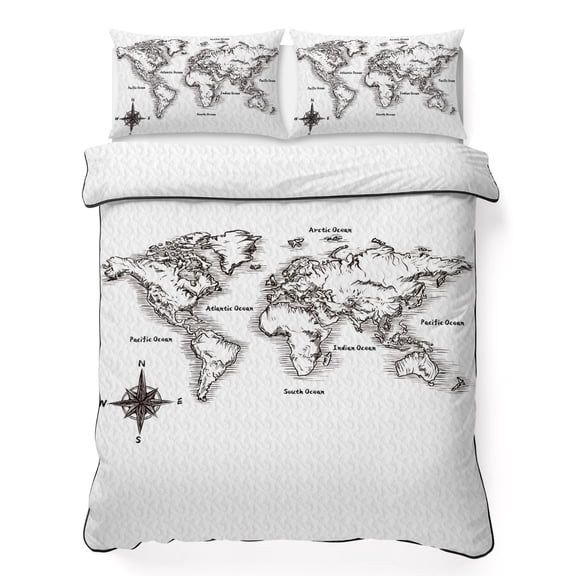 Sea Map California King Quilt Bedding Set, Vintage Black White Nautical Travel World Map Compass Lightweight Comforter with 2 Pillow Shams Bedroom Bedspread Set Home Decor for All Seasons
