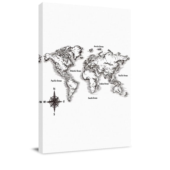 Sea Map Canvas Wall Art for Living Room, Vintage Black White Nautical Travel World Map Compass Poster Print Painting for Bedroom Office Home Decoration Wall Pictures Prepare To Hang 16"x24"