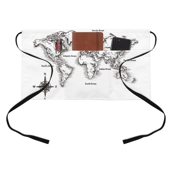 Sea Map Half Waist Apron Vintage Black White Nautical Travel World Map Compass Short Waiter Aprons with 3 Pockets for Women Men Kitchen Restaurant Cooking