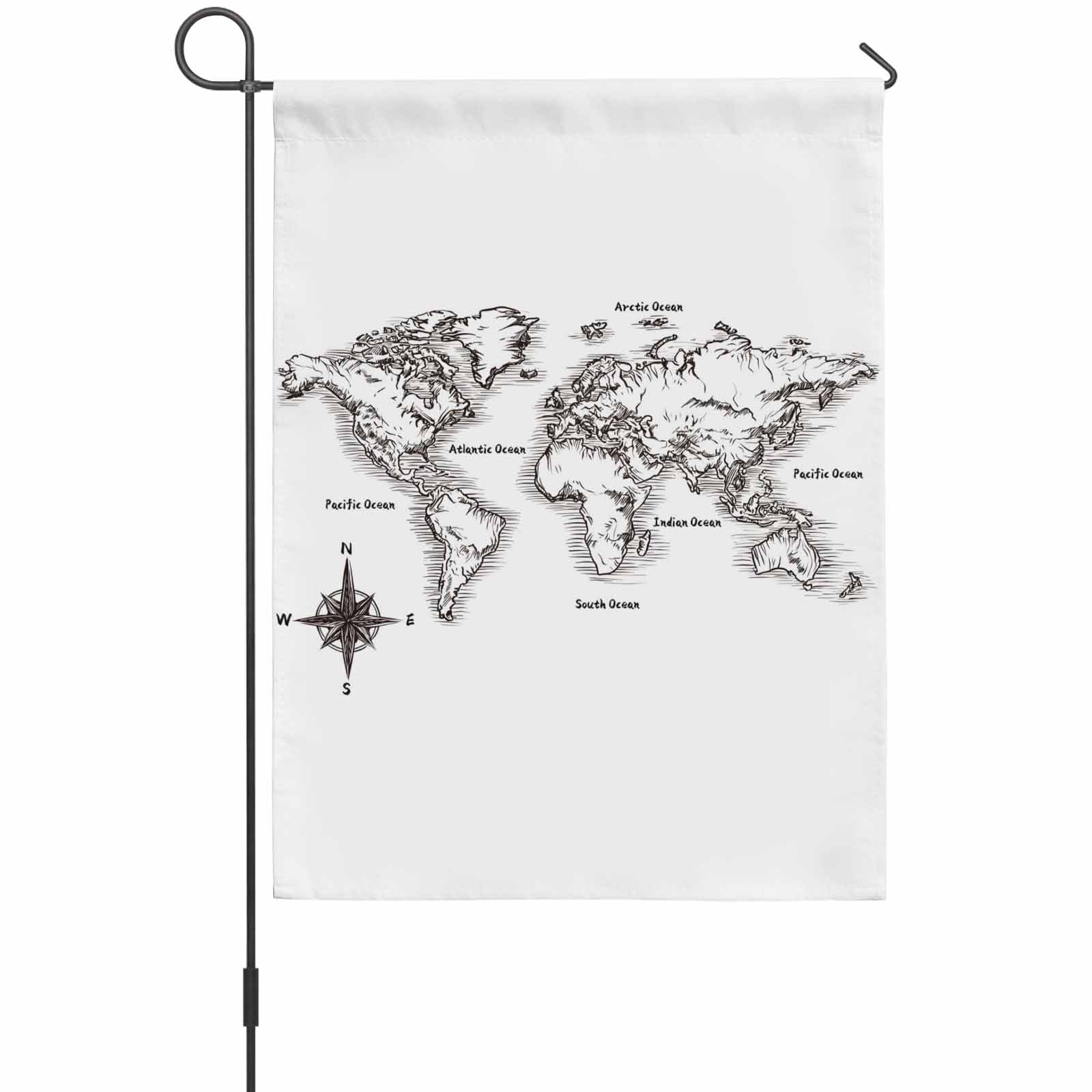 Sea Map House Flag 28 x 40 Inches, Vintage Black White Nautical Travel World Map Compass Weather Proof Outdoor Patio Flags Double Sided Small House Decoration for Yard Lawn Outside Home
