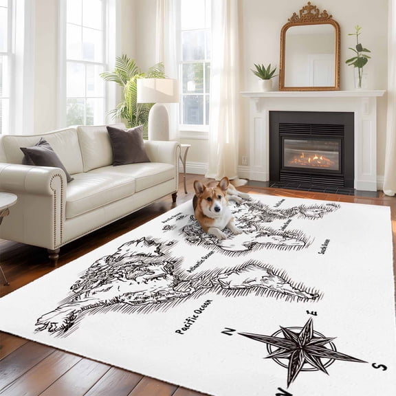 Sea Map Large Area Rugs 6x9 ft Vintage Black White Nautical Travel World Map Compass Washable Rug Non Slip Indoor Carpet Absorbent Floor Mat for Living Room Bedroom Dining Room