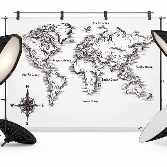 Sea Map Photography Backdrop 8x6FT, Vintage Black White Nautical Travel World Map Compass Photo Backdrops, Background for Photography Studio Photo Studio Background, Back Drop for Photoshoot