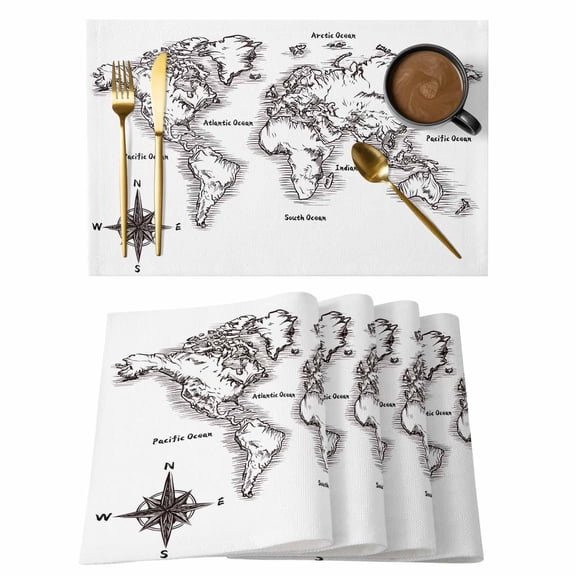 Sea Map Placemats Set of 1 Vintage Black White Nautical Travel World Map Compass Heat Insulation Washable Place Mats, Non-Slip Table Mats for Dining Table Party Kitchen Decor,13x19 Inch