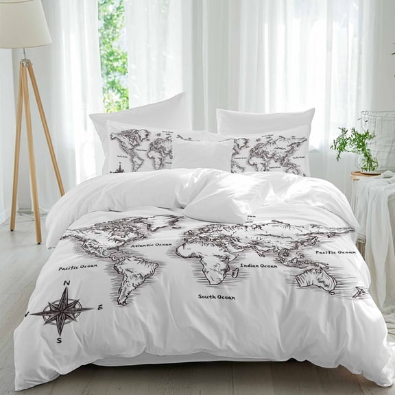 Sea Map Queen Size Comforter Set, Vintage Black White Nautical Travel World Map Compass Bedding for All Seasons, 4 Pcs Bed Set, 1Quiltcover (90"x92") ,1Sheet(94"x116"), 2Pillowcases (30"x20")
