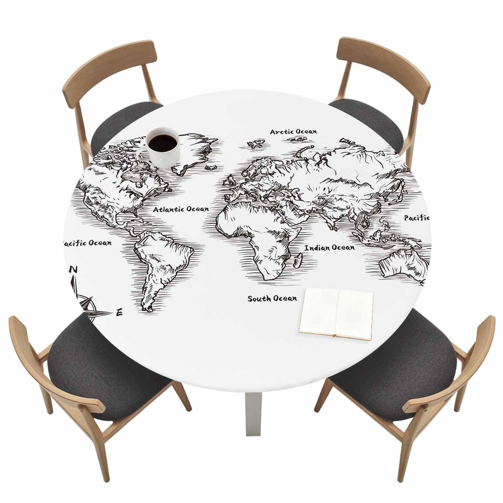Sea Map Round Fitted Tablecloth with Elastic Edge Vintage Black White ...
