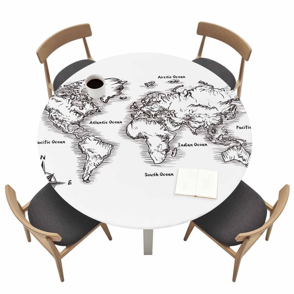 Sea Map Round Fitted Tablecloth with Elastic Edge Vintage Black White Nautical Travel World Map Compass Table Cover Fit for 36"-44" Tables Waterproof Tablecloths for Dinner Camping Picnic