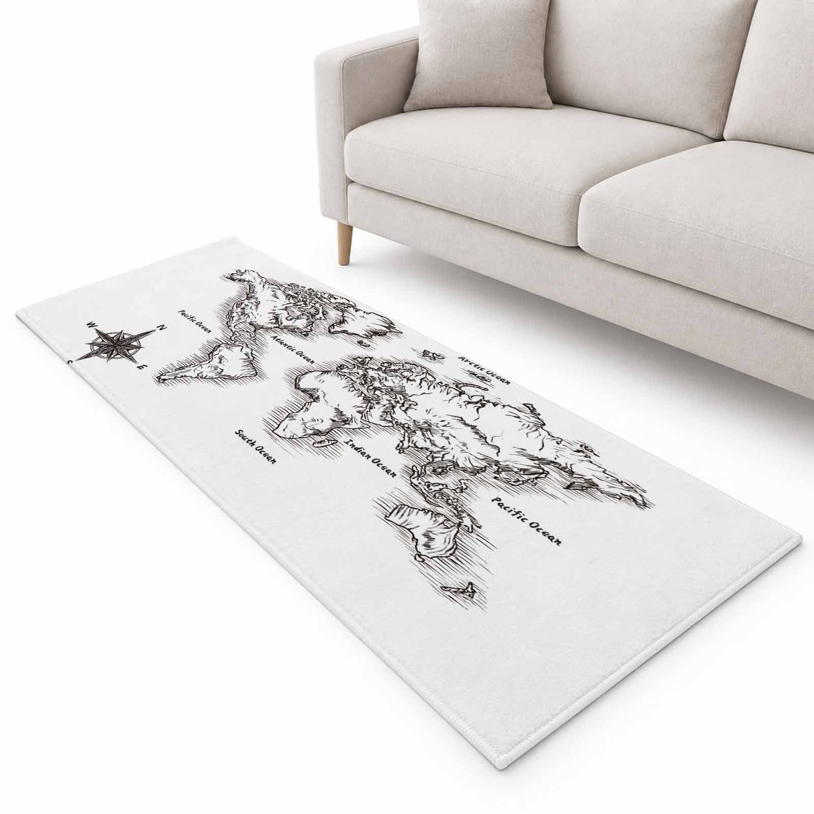 Sea Map Runner Rug 2.6'x10', Vintage Black White Nautical Travel World ...