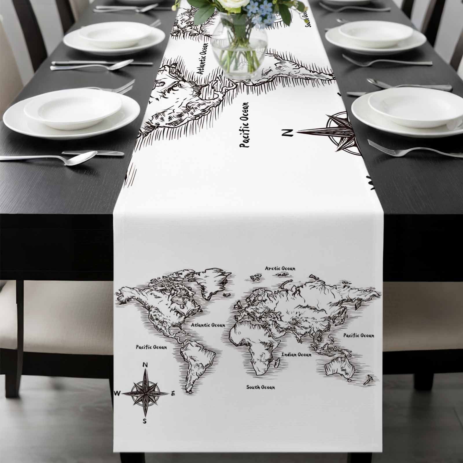 Sea Map Table Runner, Vintage Black White Nautical Travel World Map Compass Washable Cotton-linen Table Runners Dining Kitchen Decoration for Everyday Home Wedding Party Decor, 13 x 108 Inch