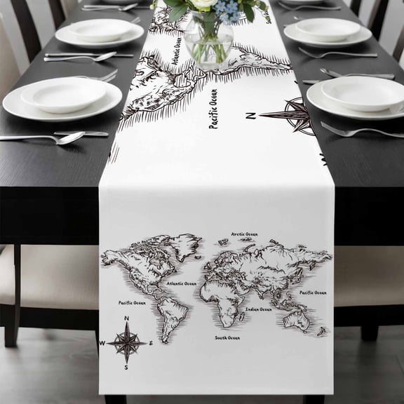 Sea Map Table Runner, Vintage Black White Nautical Travel World Map Compass Washable Cotton-linen Table Runners Dining Kitchen Decoration for Everyday Home Wedding Party Decor, 13 x 36 Inch