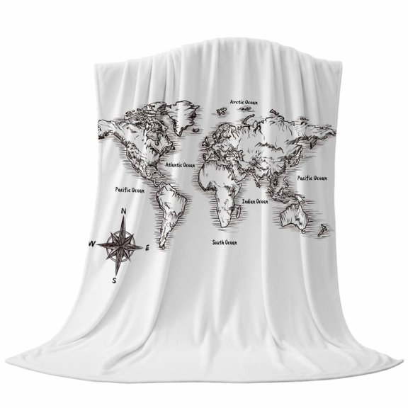 Sea Map Throw Flannel Blanket Vintage Black White Nautical Travel World Map Compass Super Soft Cozy Bed Blanket, Lightweight Plush Fuzzy Bed Throw for Bedroom Sofa Couch Living Room 30x40In,