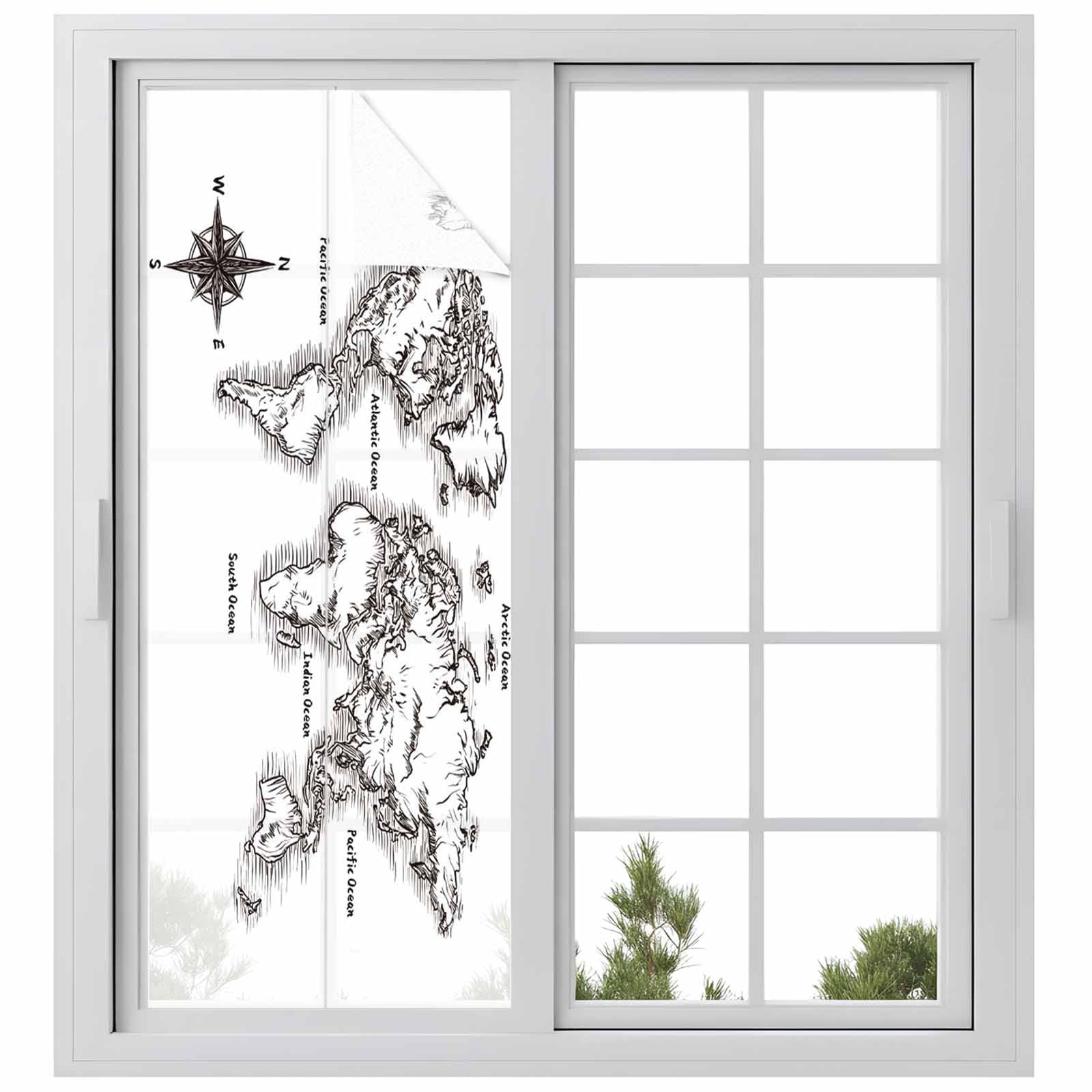Window Map Greyscale Sea Map Window Privacy Film, Vintage Black White Nautical Travel World ...