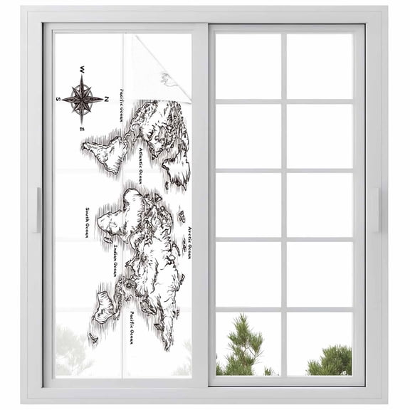 Sea Map Window Privacy Film, Vintage Black White Nautical Travel World Map Compass Frosted Glass Window Clings Static Cling UV Heat Blocking Reusable Door Sticker for Bathroom 23.6 x 59 Inch