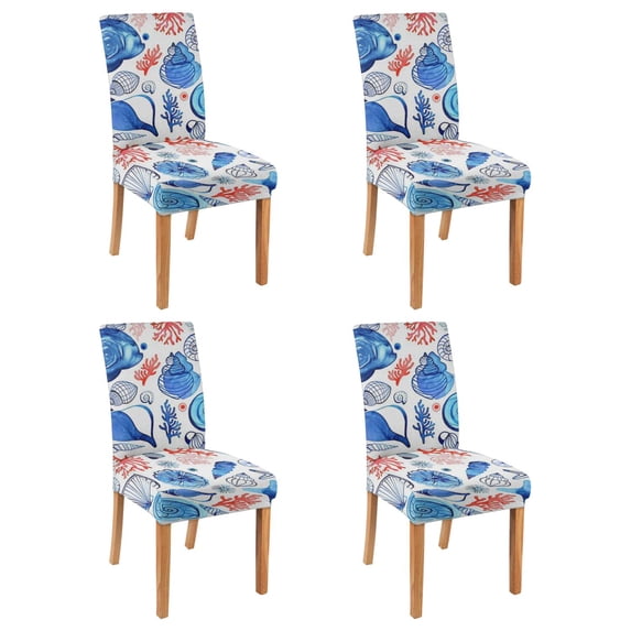 Sea and Marine Theme Dining Chair Covers Set of 4, Stretch Washable Polyester Slipcovers, Removable Seat Protector for Nautical, Tropical, or Vintage Styled Rooms