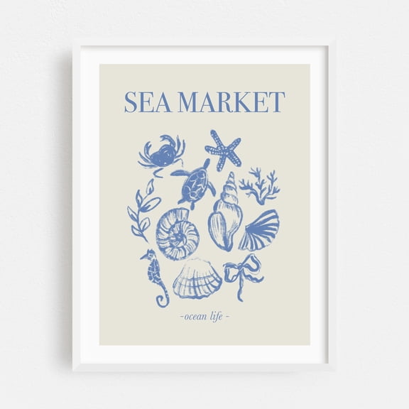 Sea Market - Illustration Ocean Nautical Coastal Beach House Seaside White Framed Wall Art Print 16 x 20 inches