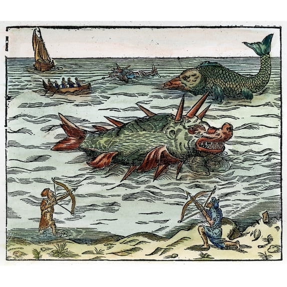 Sea Monster 16Th Century. Nmariners Battling Sea Monsters. Woodcut French 16Th Century. Poster Print by