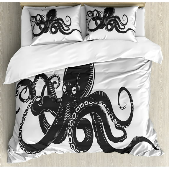 Sea Monster Duvet Cover Set, Dangerous Character with Curling Tentacles Swimming Irregular Shape, Decorative 3 Piece Bedding Set with 2 Pillow Shams, King Size, Dark Grey and White, by Ambesonne