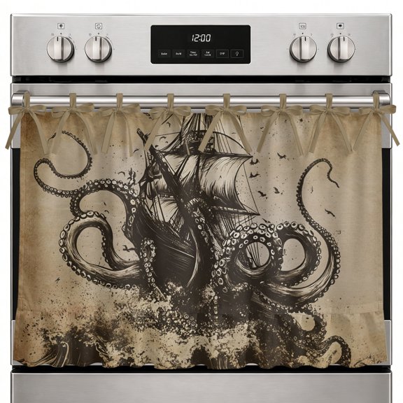 Sea Monster Oven Skirt Curtain, 27x20 Inch Vintage Coastal Nautical Brown Tan Kraken Attack Kitchen Tie Top Oven Curtain for Door, Decorative Stove Skirt Dishwasher Cover With Ribbon Ties
