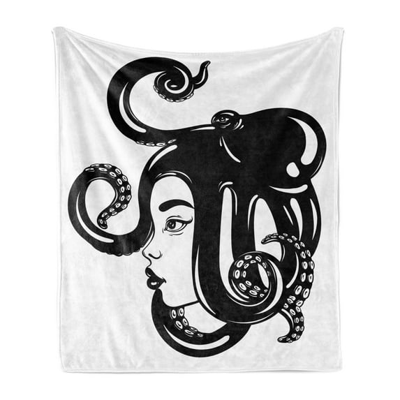 Sea Monster Soft Flannel Fleece Blanket, Hand Drawn Monochrome Illustration of a Lady with Octopus on Her Head, Cozy Plush for Indoor and Outdoor Use, 50" x 70", Charcoal Grey White, by Ambesonne