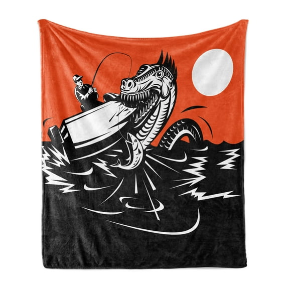 Sea Monster Soft Flannel Fleece Throw Blanket, Gigantic Creature Devouring a Boat with Fisherman, Cozy Plush for Indoor and Outdoor Use, 50" x 70", Vermilion Charcoal Grey, by Ambesonne
