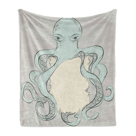Sea Monster Soft Flannel Fleece Throw Blanket, Hand Drawn Messy Illustration of an Octopus Holding Sign, Cozy Plush for Indoor and Outdoor Use, 70" x 90", Pale Cadet Blue Eggshell, by Ambesonne