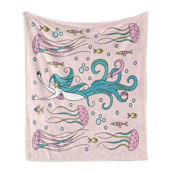 Sea Monster Soft Flannel Fleece Throw Blanket, Mythological with Long Hair Jellyfish Fish, Cozy Plush for Indoor and Outdoor Use, 50" x 70", Pale Pink Multicolor, by Ambesonne