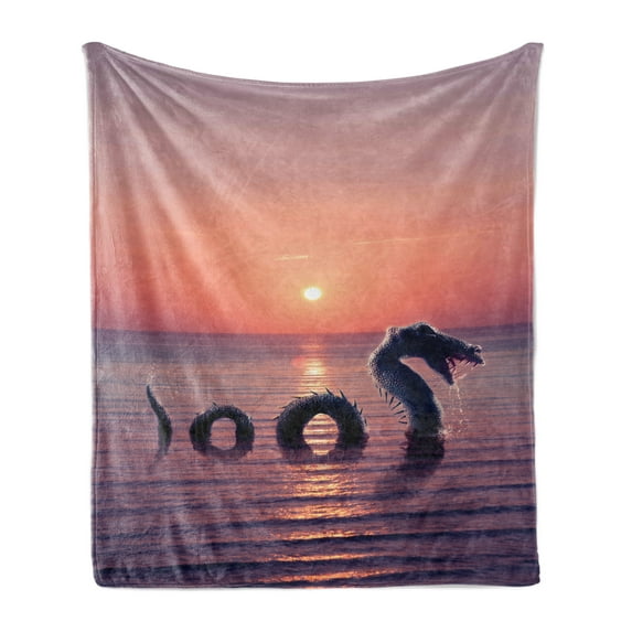 Sea Monster Soft Flannel Fleece Throw Blanket, Vertical Photo of Loch Ness with an Open Mouth, Cozy Plush for Indoor and Outdoor Use, 50" x 60", Mauve Multicolor, by Ambesonne